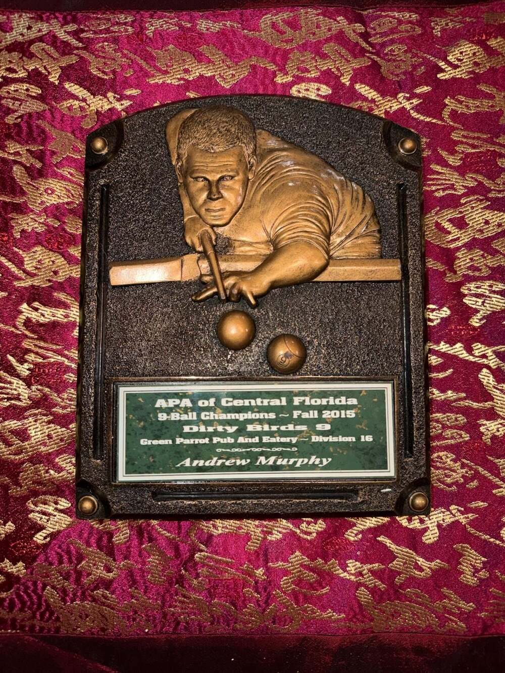 APA of Central Florida 9-Ball Champions Fall 2015 Billiards Trophy Plaque
